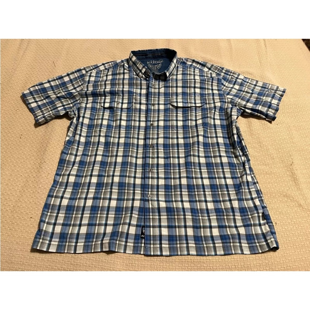 Kuhl Eluxur Mens XXL Blue Plaid Short Sleeve Button Up Shirt Hiking Outdoor